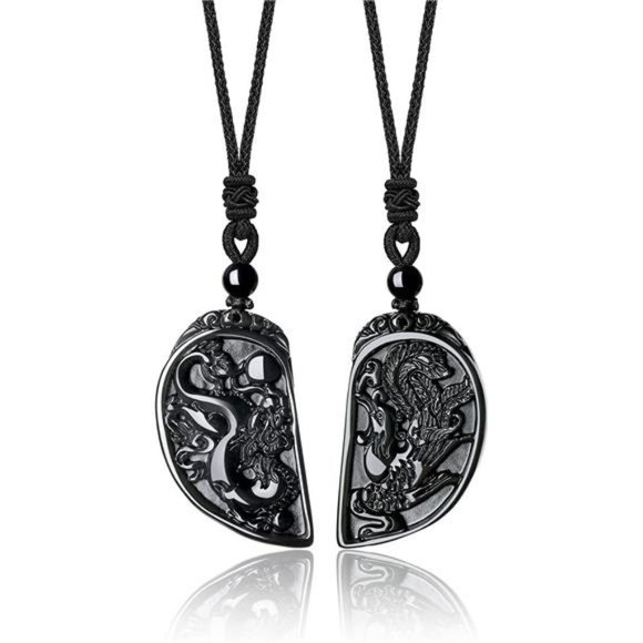 Dragon & Phoenix Crystal Couple Necklaces Set | Yin Yang Healing Stone Pendants With Chains For Him & Her